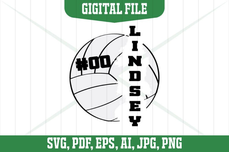 May include: Black and white volleyball with the text "#00 LINDSEY" on it.  The text is vertical and the volleyball is cut in half with the text on the right side.