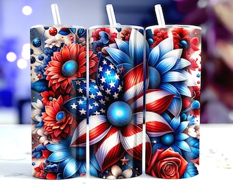 4th Of July Flowers Tumbler Wrap, Patriotic Tumbler Wrap, Sublimation Design, 20oz Skinny Tumbler Wrap, Tumbler template, Digital Download