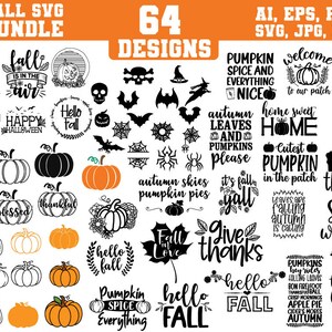 May include: A black and white graphic design bundle featuring 64 autumn-themed designs. The designs include pumpkins, leaves, and text such as "hello fall", "farm fresh pumpkins", "autumn leaves and pumpkins", "it's fall y'all", "give thanks", and "pumpkin spice everything".