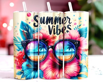 Sommarvibbar Tumblerdesign, tropiska blommor Tumbler Wrap, hibiskus sublimeringsdesign, 20oz smal Tumbler Wrap, digital nedladdning