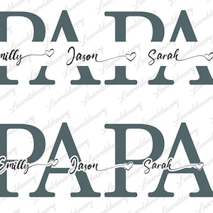 Könnte beinhalten: Ein grafisches Design in Grau mit dem Wort "Papa" in großen Buchstaben. Die Namen "Emilly", "Jason" und "Sarah" sind in kleinerer Schrift unter dem Wort "Papa" geschrieben, mit Herzen, die die Namen verbinden.