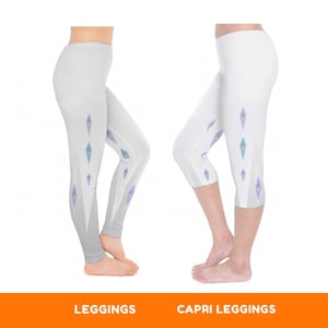 May include: Two pairs of white leggings with a snowflake pattern. The leggings on the left are full length, while the leggings on the right are capri length. The text "LEGGINGS" and "CAPRI LEGGINGS" is printed below the images.