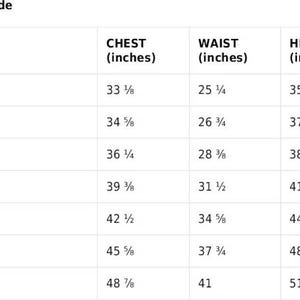 May include: Size chart for clothing with measurements in inches for chest, waist, and hips. Sizes include XS, S, M, L, XL, 2XL, and 3XL.