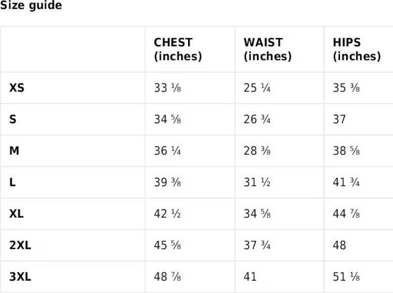 May include: Size chart for clothing with measurements in inches for chest, waist, and hips. Sizes include XS, S, M, L, XL, 2XL, and 3XL.