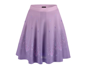 May include: A purple and pink skater skirt with a snowflake pattern. The skirt is made of a soft, stretchy fabric and has a comfortable elastic waistband.