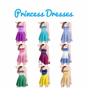 May include: Nine different princess dresses in various colors and designs. The dresses are all sleeveless and have a fitted bodice and a flared skirt. The dresses are all made of a soft, comfortable fabric and are perfect for any princess-themed event.