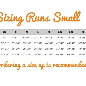 May include: A size chart showing measurements in inches for bust, waist, and hips, from XS to 5XL. The text "Sizing Runs Small" is at the top, with the advice to order a size up at the bottom.