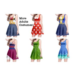 May include: Six different adult-sized dresses featuring various Disney characters. The dresses are all sleeveless and have a skater skirt style. The characters featured are Woody from Toy Story, Minnie Mouse, Prince Charming, Rapunzel, Moana, and Ariel.