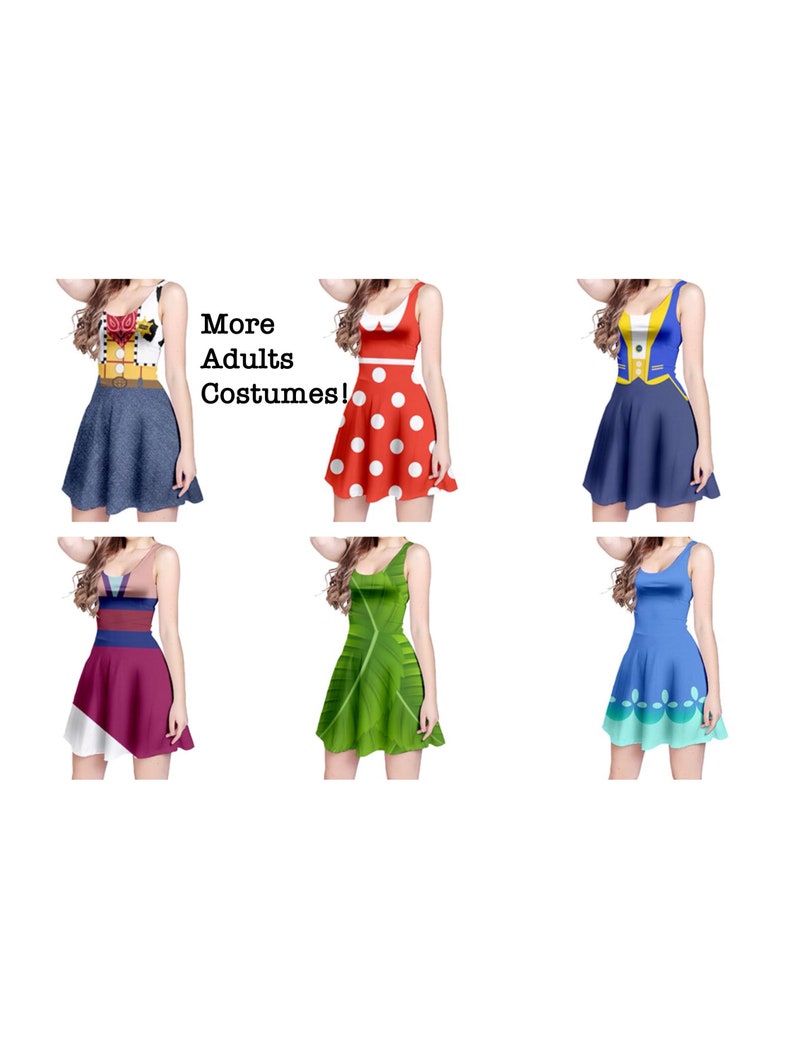 May include: Six different adult-sized dresses featuring various Disney characters. The dresses are all sleeveless and have a skater skirt style. The characters featured are Woody from Toy Story, Minnie Mouse, Prince Charming, Rapunzel, Moana, and Ariel.