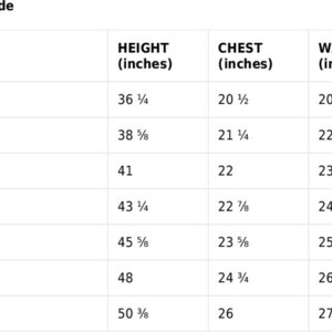 May include: Size guide for children's clothing with measurements in inches for height, chest, and waist. Sizes include 2T, 3T, 4T, 5T, 6, 6X, and 7.