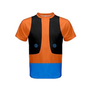 May include: Orange, black and blue short-sleeved t-shirt with a cartoon character design. The shirt features a waistcoat, trousers and buttons.