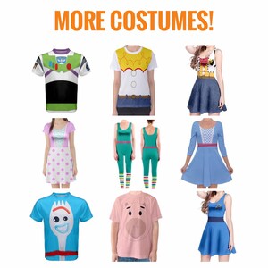 May include: Nine different Toy Story character costumes. The costumes include Buzz Lightyear, Woody, Jessie, Bo Peep, Forky, and Hamm. The costumes are all in different colors and styles.