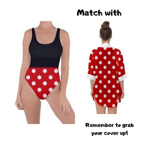 May include: A black and red swimsuit with white polka dots, alongside a matching red and white polka dot cover-up. The image includes the text "Match with" and "Remember to grab your cover up!"