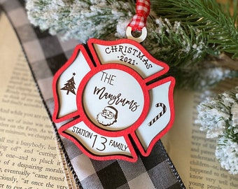 Personalized & Engraved Fire truck + Fireman Ornament