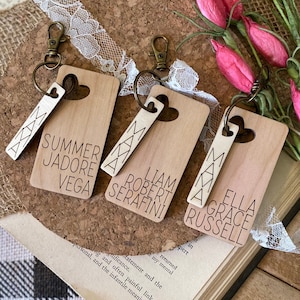 May include: Four wooden keychains with heart-shaped charms and engraved names: Summer Jadore Vega, Liam Robert Serafini, Ella Grace Russell, and Mama. The keychains are displayed on a burlap surface with pink flowers.