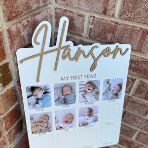 Letrero para el primer cumpleaños, primer año, tablero con fotos de cumpleaños, letrero con el nombre del bebé, regalo personalizado para bebé, regalo para baby shower, anuncio del nombre del bebé