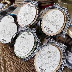Family Drawing Christmas Ornament, Custom Family Portrait Ornament, Personalized Family Name Ornament, Line Art, Pet & Child, Laser Engraved