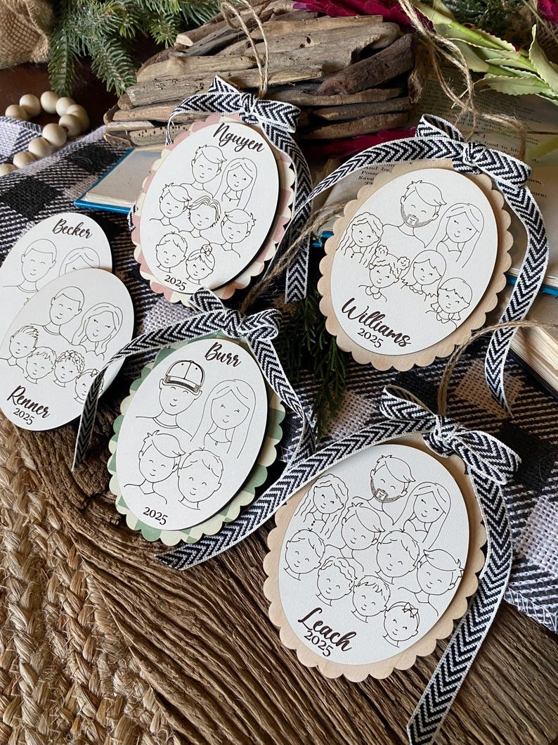 Family Drawing Christmas Ornament, Custom Family Portrait Ornament, Personalized Family Name Ornament, Line Art, Pet & Child, Laser Engraved