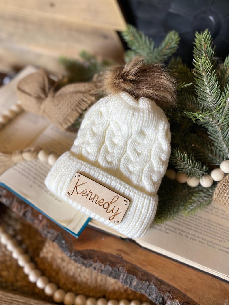 Newborn Baby Beanie, Personalized Newborn Beanie, Beanie with Engraved Patch, Newborn Photo Prop Hat, Name Beanie for Newborn image 7