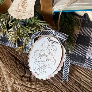 Family Drawing Christmas Ornament, Custom Family Portrait Ornament, Personalized Family Name Ornament, Line Art, Pet & Child, Laser Engraved