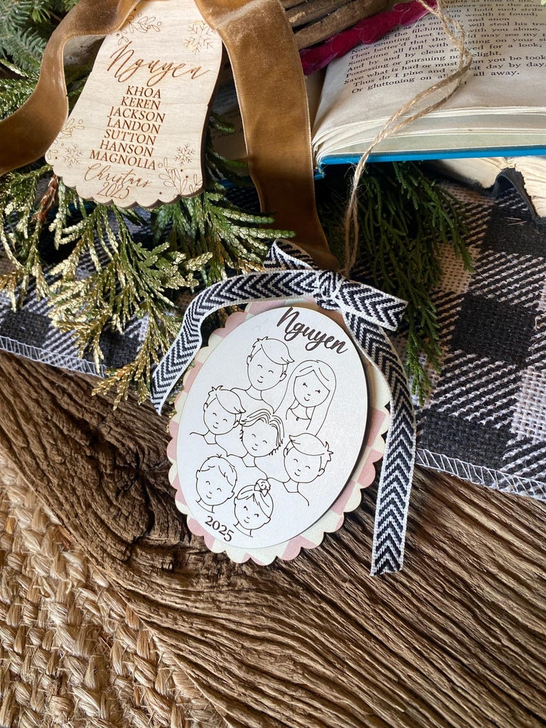 Family Drawing Christmas Ornament, Custom Family Portrait Ornament, Personalized Family Name Ornament, Line Art, Pet & Child, Laser Engraved