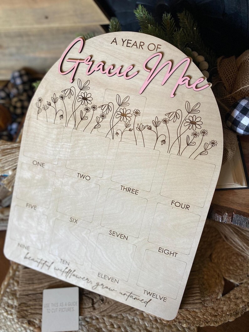 First Birthday Sign, One Year of Sign, Birthday Photo Board, Wildflower First Birthday, Personalized Baby Gift, Shes a Wildflower Party