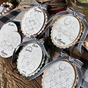 Family Drawing Christmas Ornament, Custom Family Portrait Ornament, Personalized Family Name Ornament, Line Art, Pet & Child, Laser Engraved