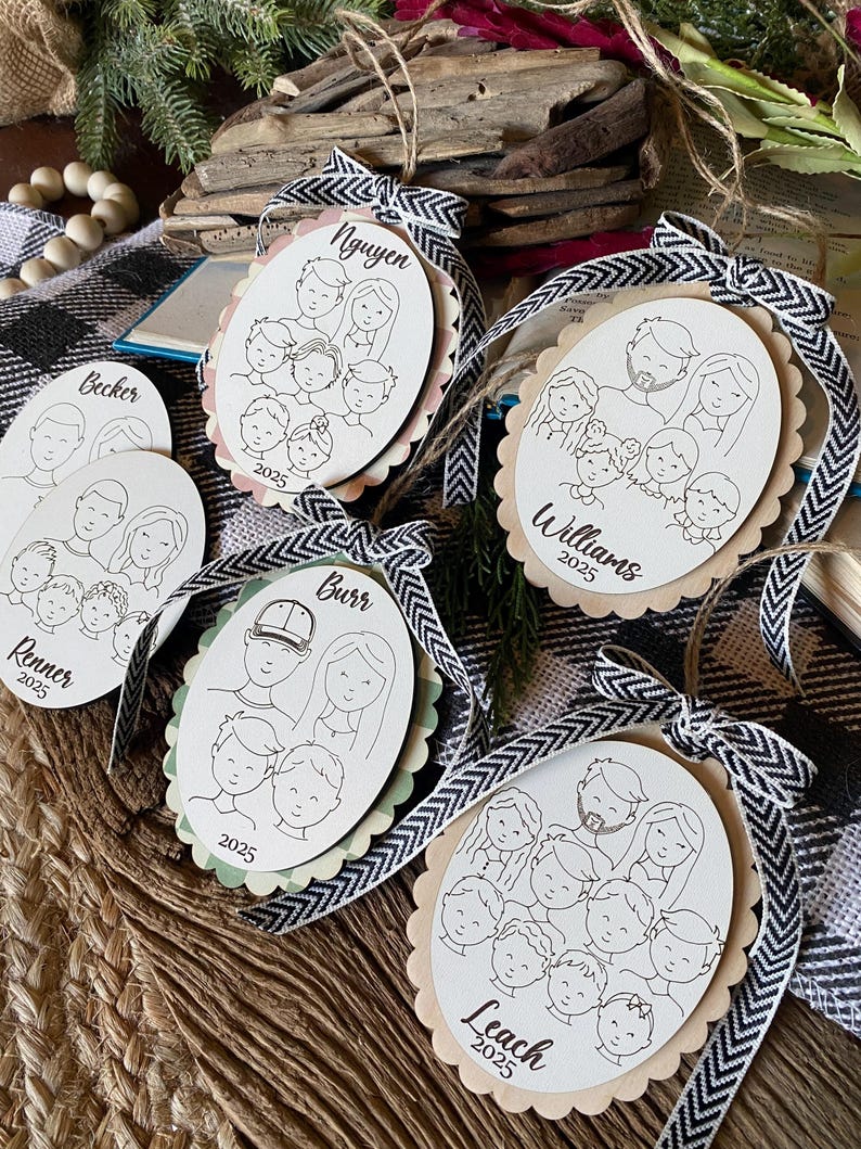 Family Drawing Christmas Ornament, Custom Family Portrait Ornament, Personalized Family Name Ornament, Line Art, Pet & Child, Laser Engraved