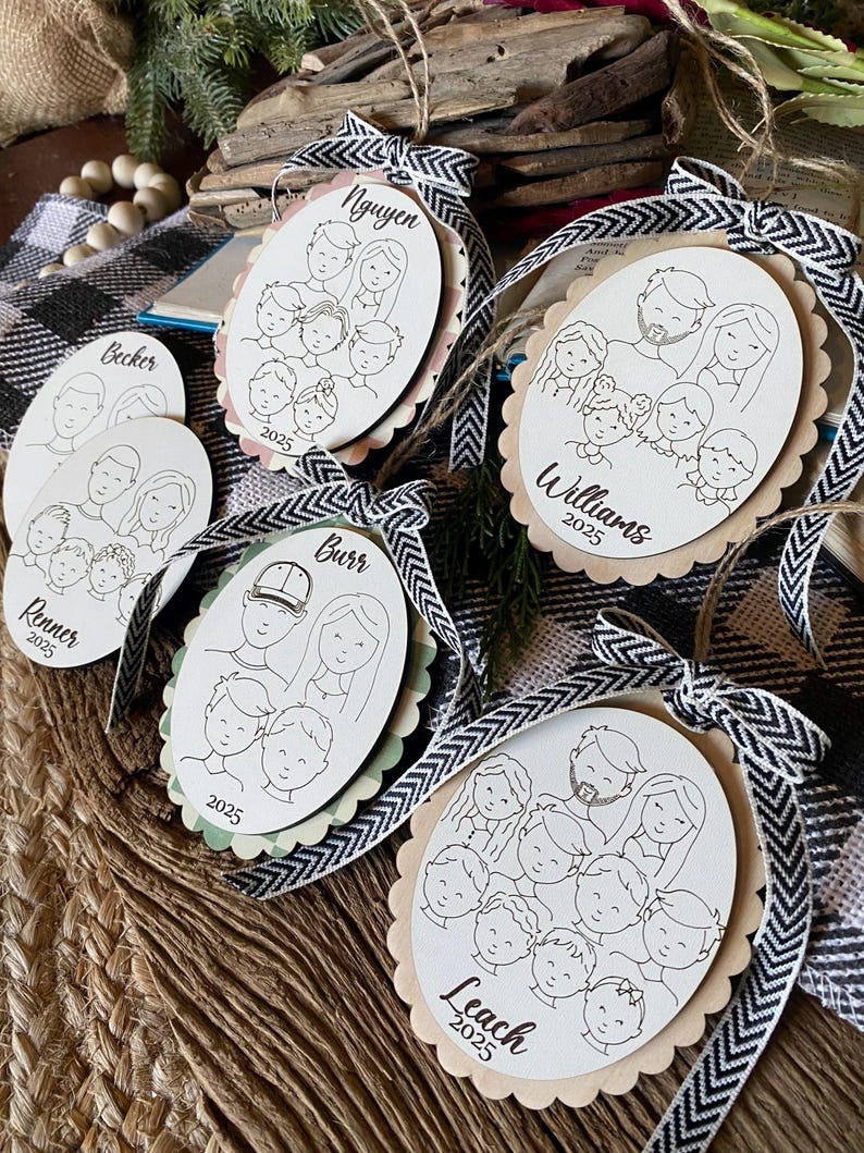 Family Drawing Christmas Ornament, Custom Family Portrait Ornament, Personalized Family Name Ornament, Line Art, Pet & Child, Laser Engraved