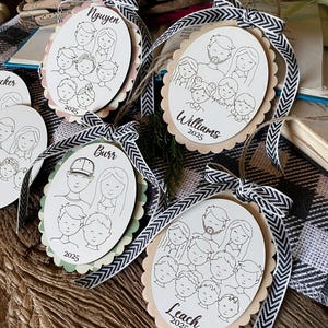 Family Drawing Christmas Ornament, Custom Family Portrait Ornament, Personalized Family Name Ornament, Line Art, Pet & Child, Laser Engraved