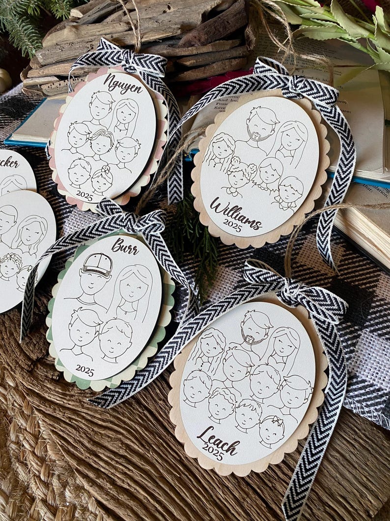 Family Drawing Christmas Ornament, Custom Family Portrait Ornament, Personalized Family Name Ornament, Line Art, Pet & Child, Laser Engraved