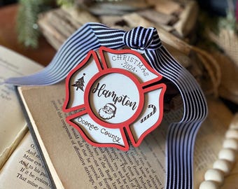 Personalized & Engraved Fire truck + Fireman Ornament