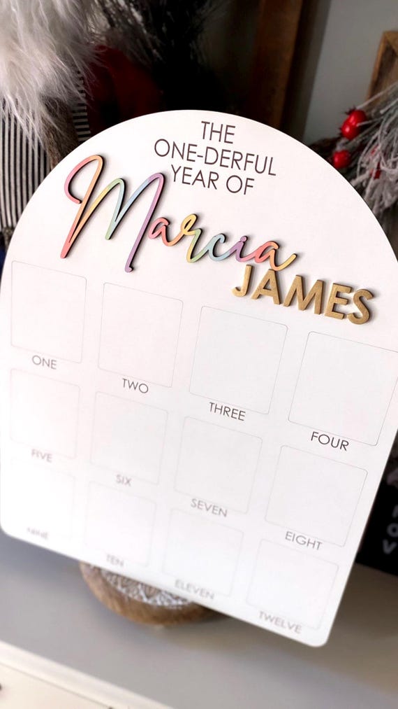 Personalized First Birthday Photo Board: Engraved Baby Name Sign