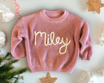 Baby Name Chunky Sweater, Hand Embroidered Baby Name Sweater