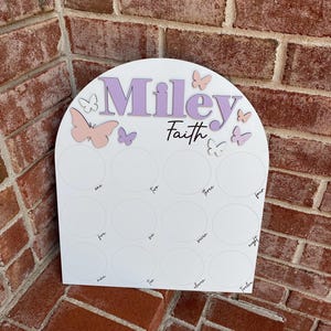 May include: A white arch-shaped wooden board with the names "Miley Faith" written in purple. The board has 12 circles with numbers one through twelve written in black. There are pink and purple butterflies around the names.