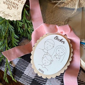 Family Drawing Christmas Ornament, Custom Family Portrait Ornament, Personalized Family Name Ornament, Line Art, Pet & Child, Laser Engraved