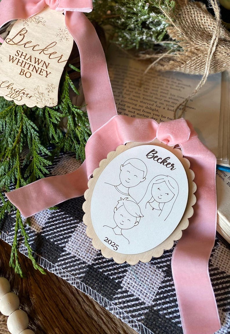 Family Drawing Christmas Ornament, Custom Family Portrait Ornament, Personalized Family Name Ornament, Line Art, Pet & Child, Laser Engraved