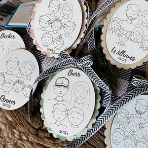 Family Drawing Christmas Ornament, Custom Family Portrait Ornament, Personalized Family Name Ornament, Line Art, Pet & Child, Laser Engraved