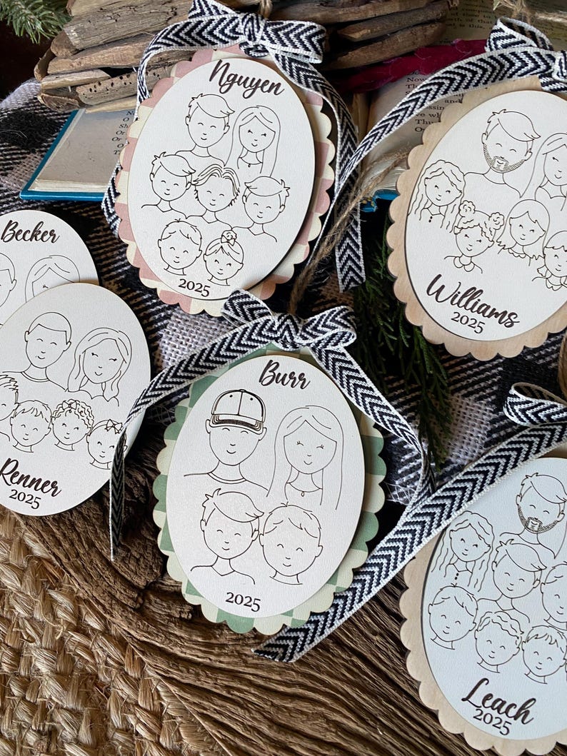 Family Drawing Christmas Ornament, Custom Family Portrait Ornament, Personalized Family Name Ornament, Line Art, Pet & Child, Laser Engraved