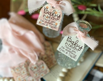 Personalized Baby in Bloom Favor Tags: Engraved Flower Party