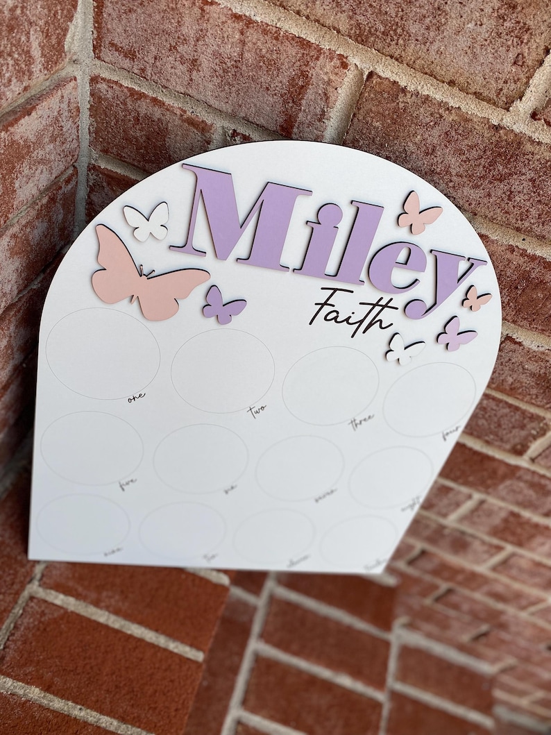 May include: White wooden arch with the name "Miley Faith" in purple lettering. The arch has 12 circles with numbers one through twelve written inside. There are pink and white butterflies on the arch.
