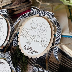 Family Drawing Christmas Ornament, Custom Family Portrait Ornament, Personalized Family Name Ornament, Line Art, Pet & Child, Laser Engraved