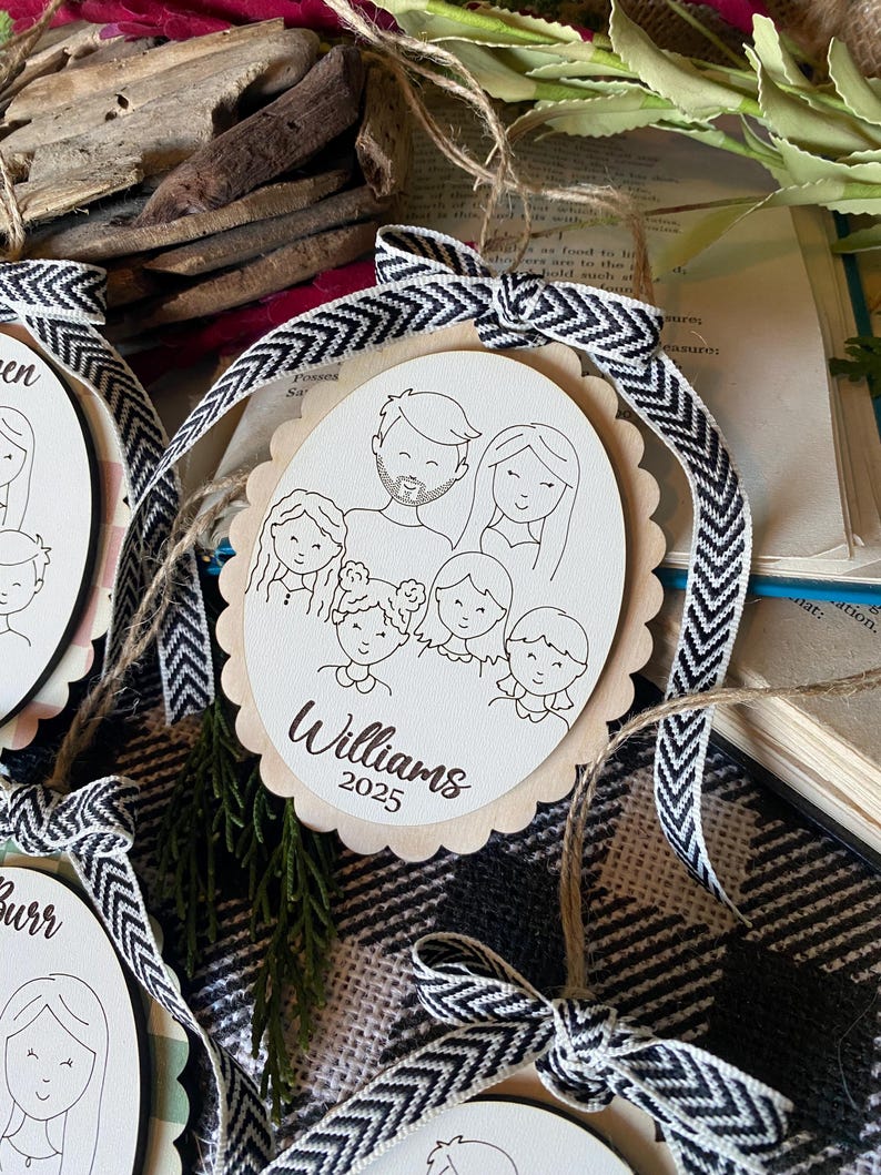 Family Drawing Christmas Ornament, Custom Family Portrait Ornament, Personalized Family Name Ornament, Line Art, Pet & Child, Laser Engraved