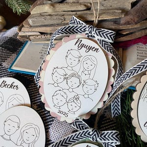 Family Drawing Christmas Ornament, Custom Family Portrait Ornament, Personalized Family Name Ornament, Line Art, Pet & Child, Laser Engraved