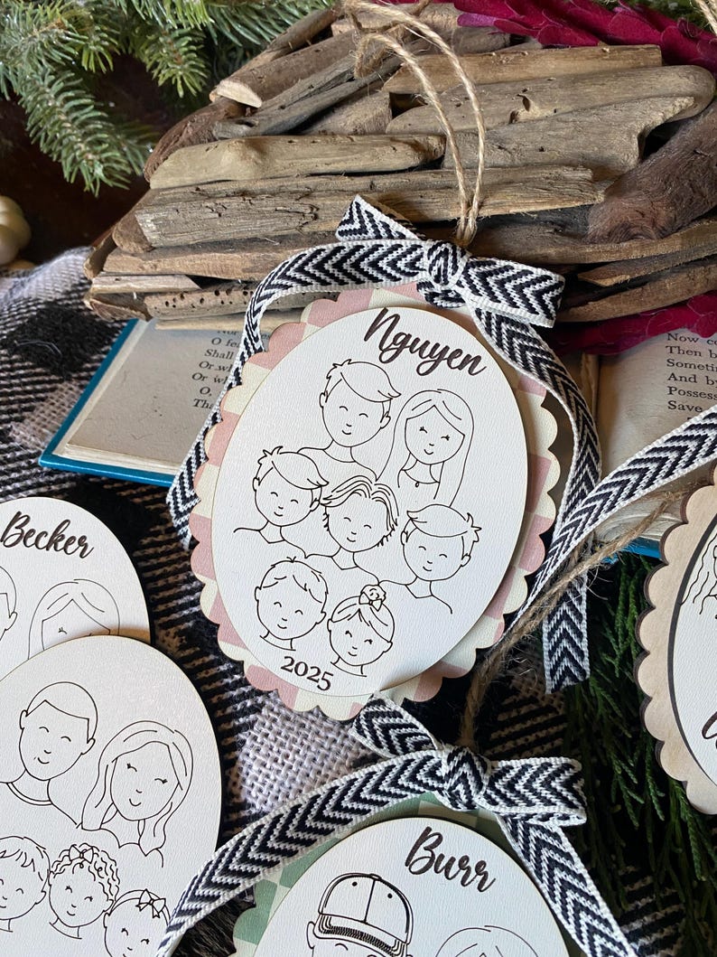 Family Drawing Christmas Ornament, Custom Family Portrait Ornament, Personalized Family Name Ornament, Line Art, Pet & Child, Laser Engraved