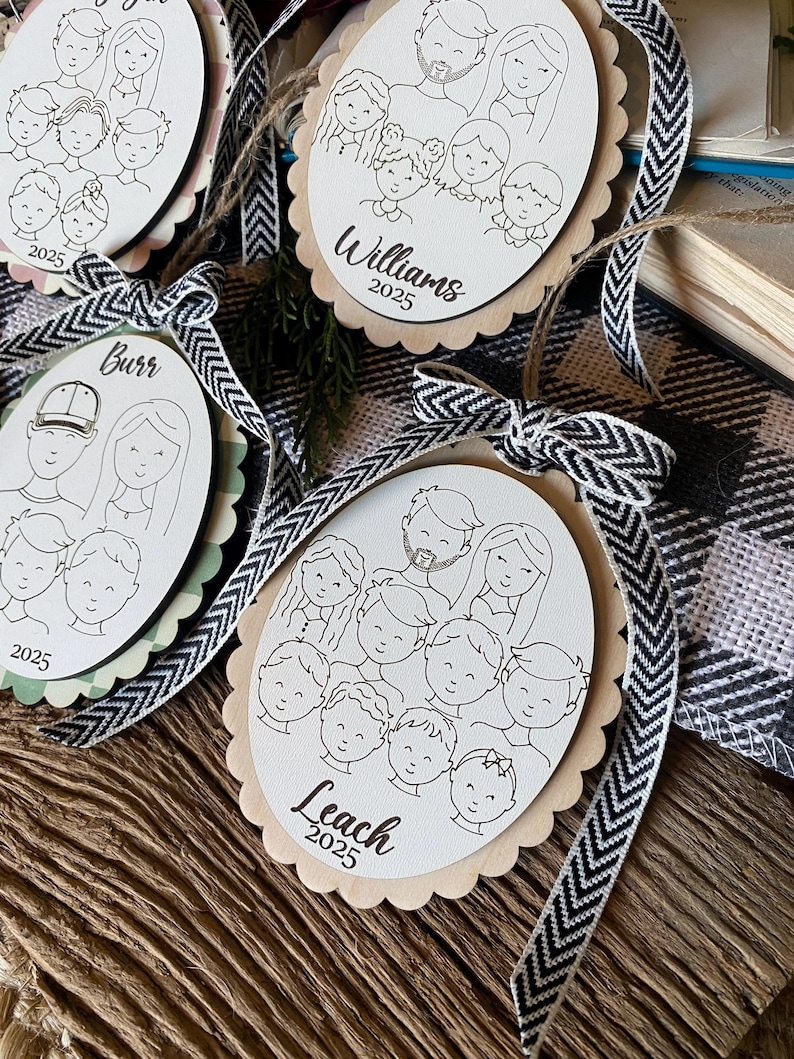 Family Drawing Christmas Ornament, Custom Family Portrait Ornament, Personalized Family Name Ornament, Line Art, Pet & Child, Laser Engraved