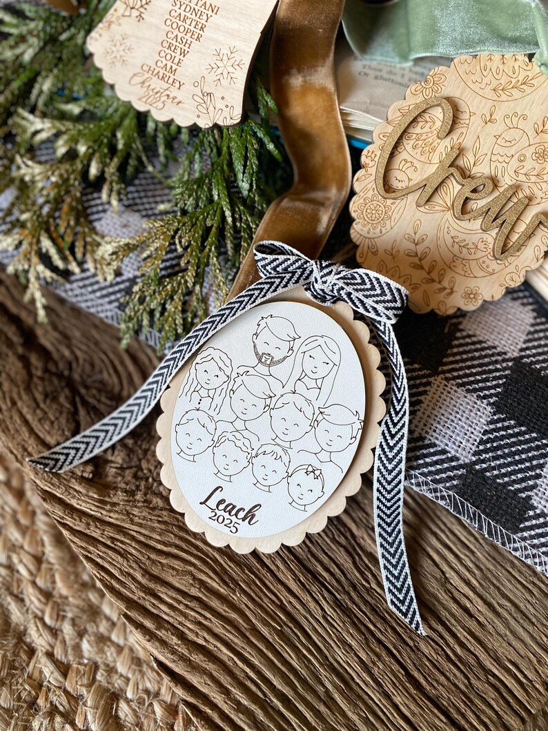 Family Drawing Christmas Ornament, Custom Family Portrait Ornament, Personalized Family Name Ornament, Line Art, Pet & Child, Laser Engraved