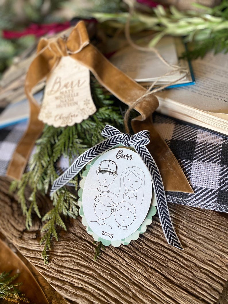 Family Drawing Christmas Ornament, Custom Family Portrait Ornament, Personalized Family Name Ornament, Line Art, Pet & Child, Laser Engraved