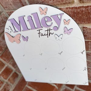 May include: A white wooden arch with the name "Miley Faith" written in purple letters. The arch has 9 circles with numbers 1 through 9 written inside. There are pink and white butterflies on the arch.