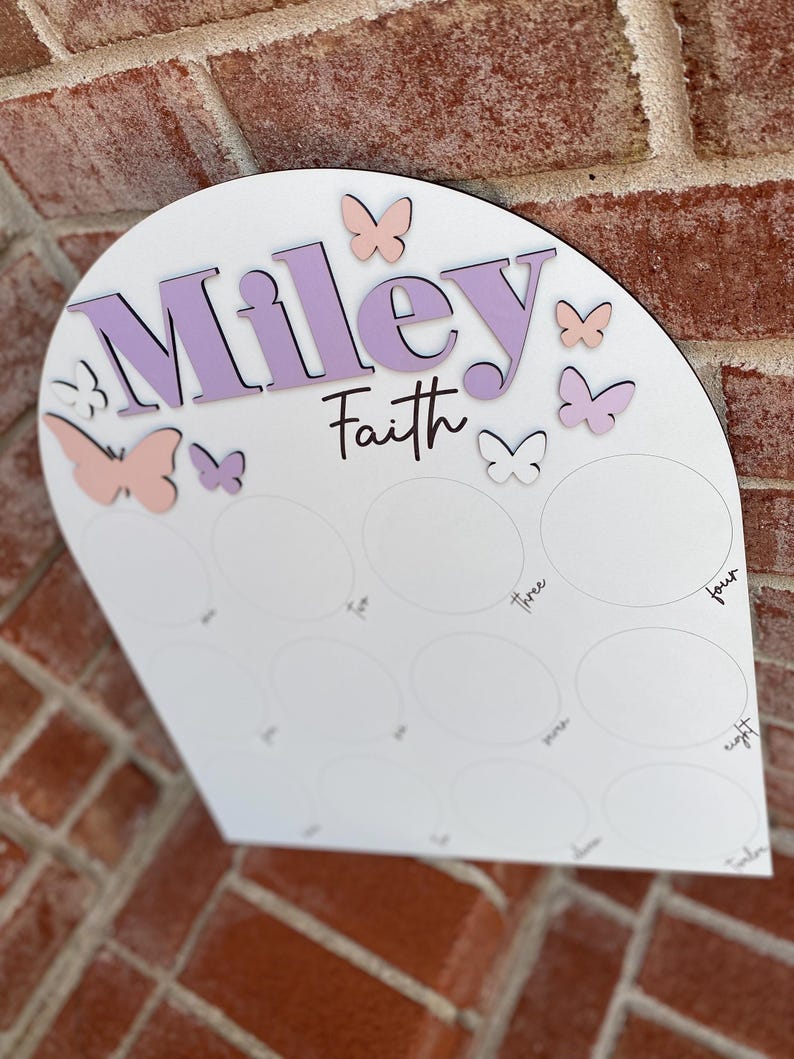 May include: A white wooden arch with the name "Miley Faith" written in purple letters. The arch has 9 circles with numbers 1 through 9 written inside. There are pink and white butterflies on the arch.